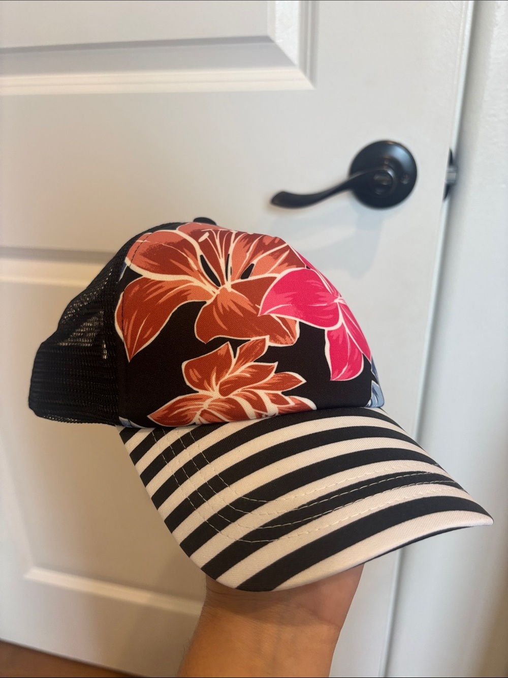 Roxy Floral Mesh Hat with Striped Brim - Black, Pink & Orange